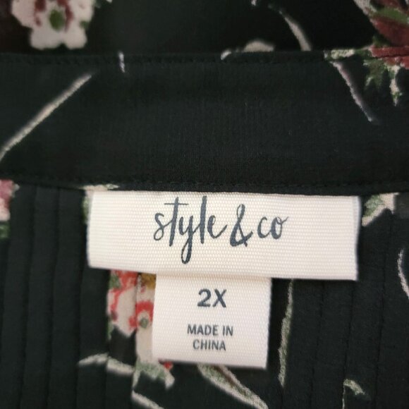 Style & Co Womens Tunic Top Sz 2X Button Up Pin Tuck Bodice Black & Peach Floral - Picture 3 of 12